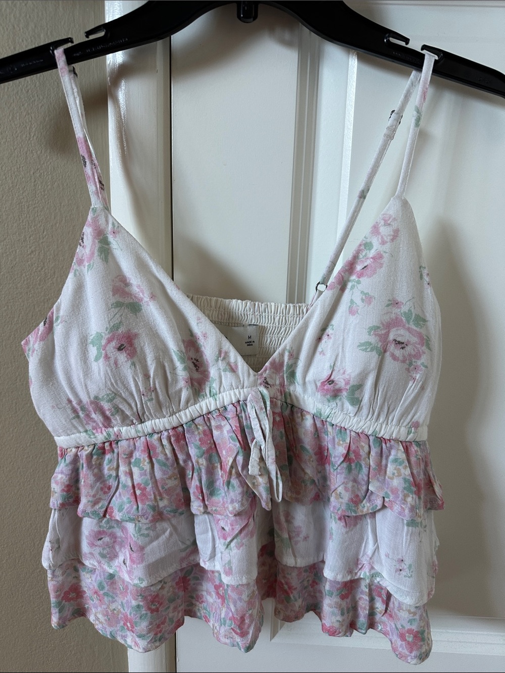 Hollister White Cami with Pink Floral Tiered Ruffles